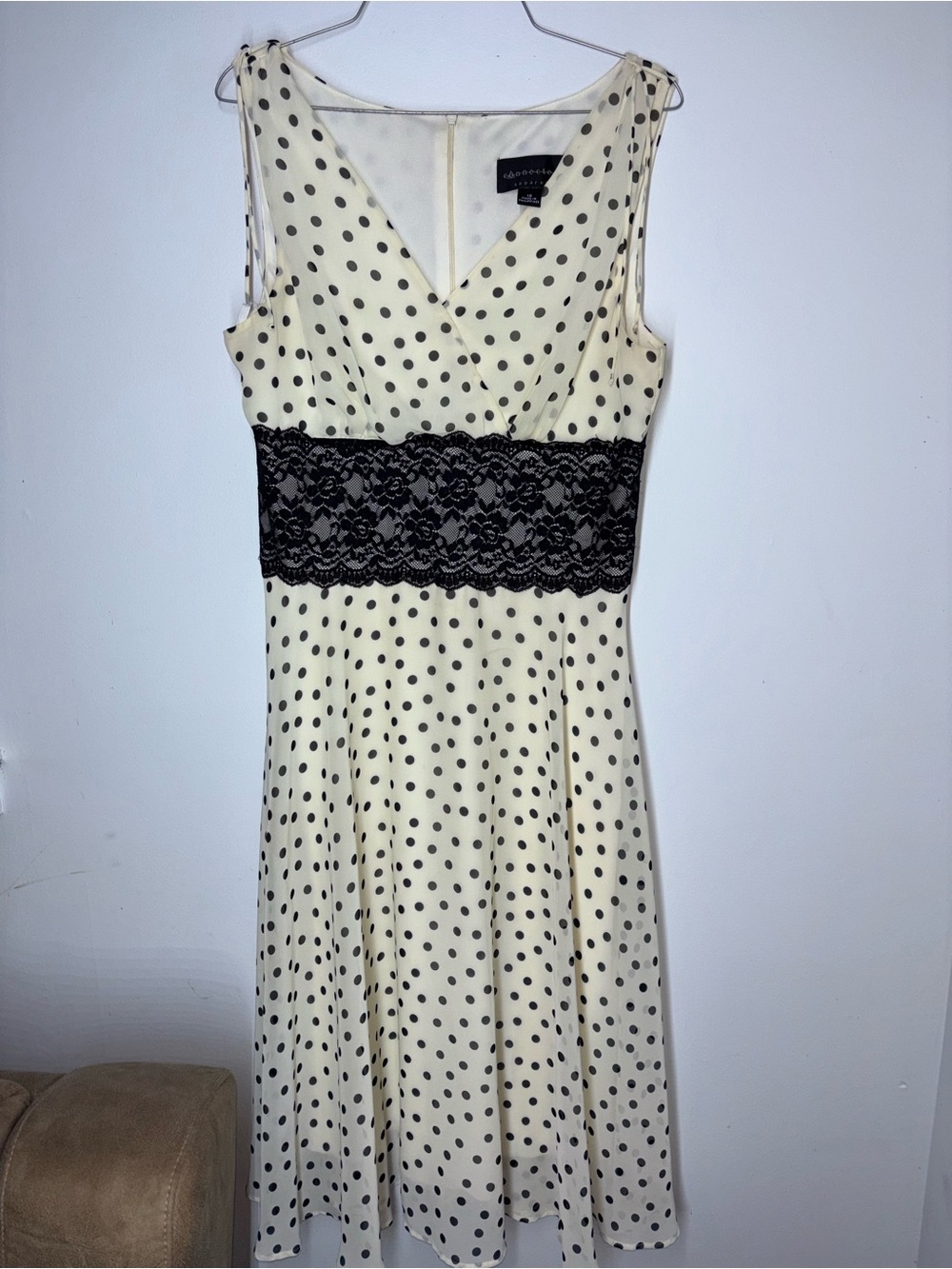 connected apparel Cream Polka Dot Midi Dress with Black Lace Waist